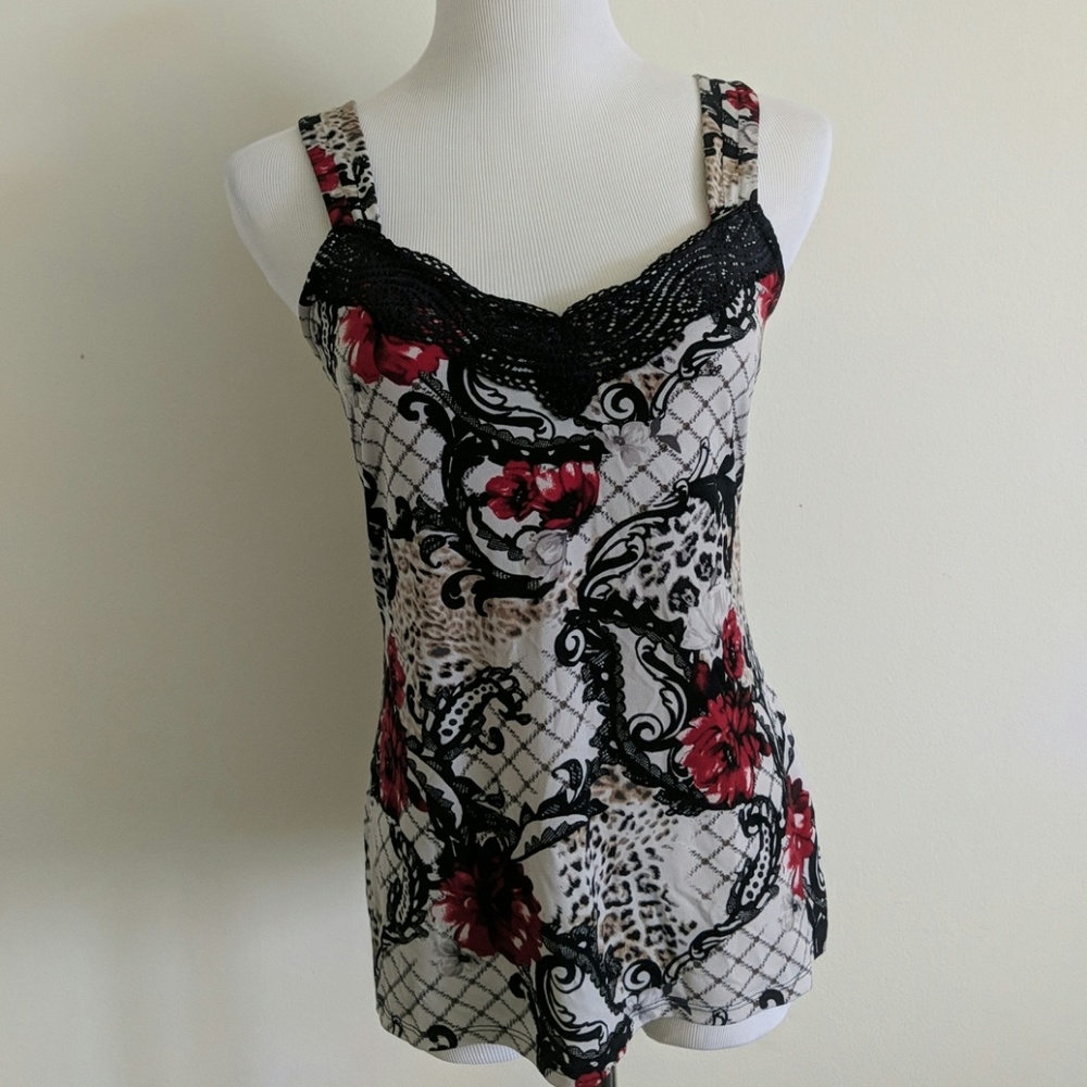 Black red white flower cami shirt summer top lace